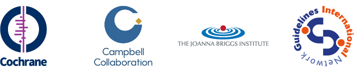 Logos for Cochrane, the Campbell Collaboration, The Joanna Briggs Institute and Guidelines International Network