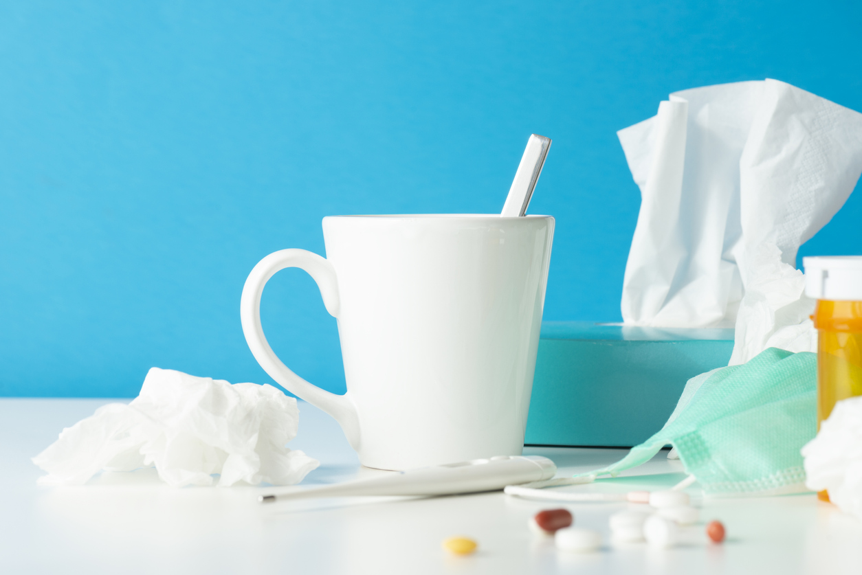 Mug and tissues on a table