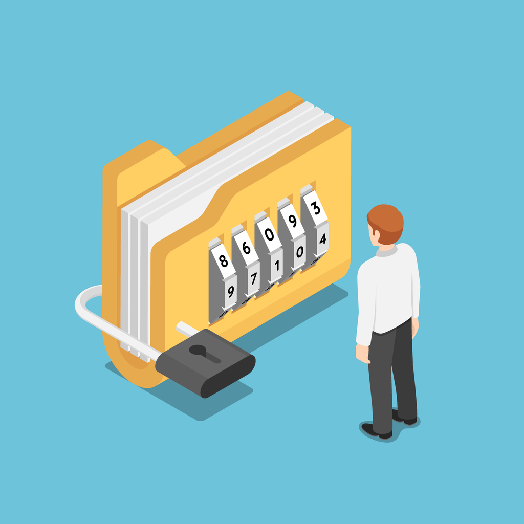 Illustration of a man stood in front of a giant locked file