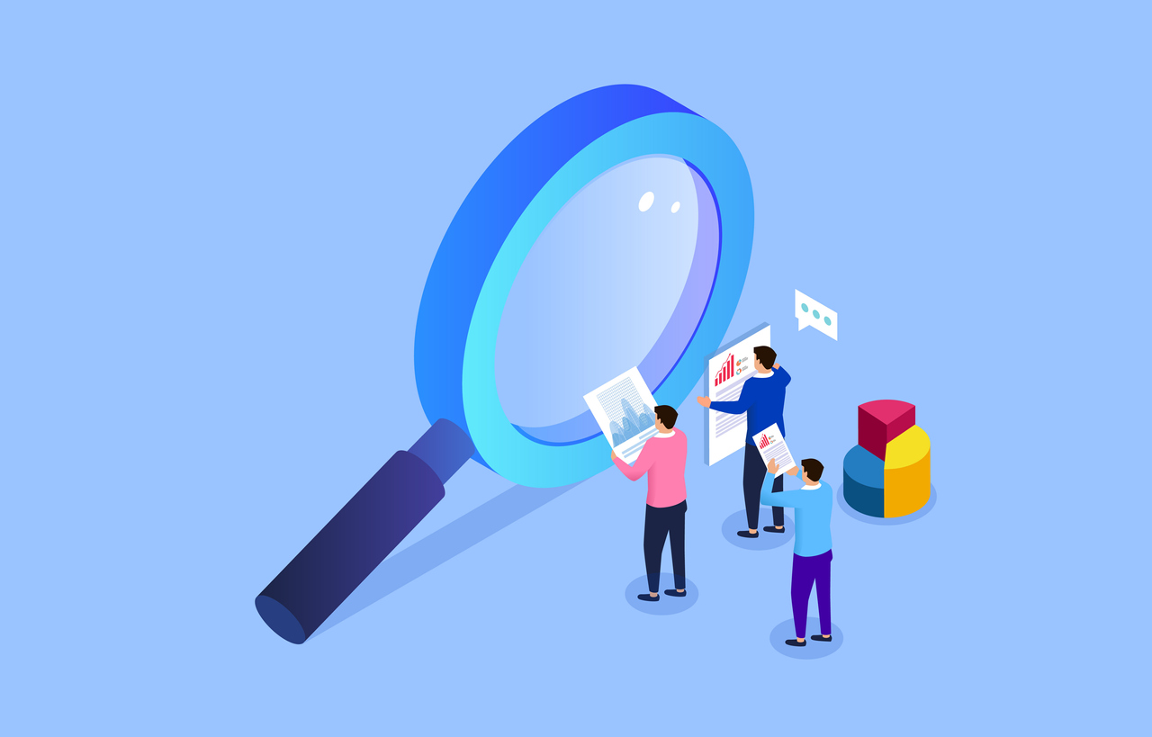 Illustration of three people in front of a magnifying glass holding papers