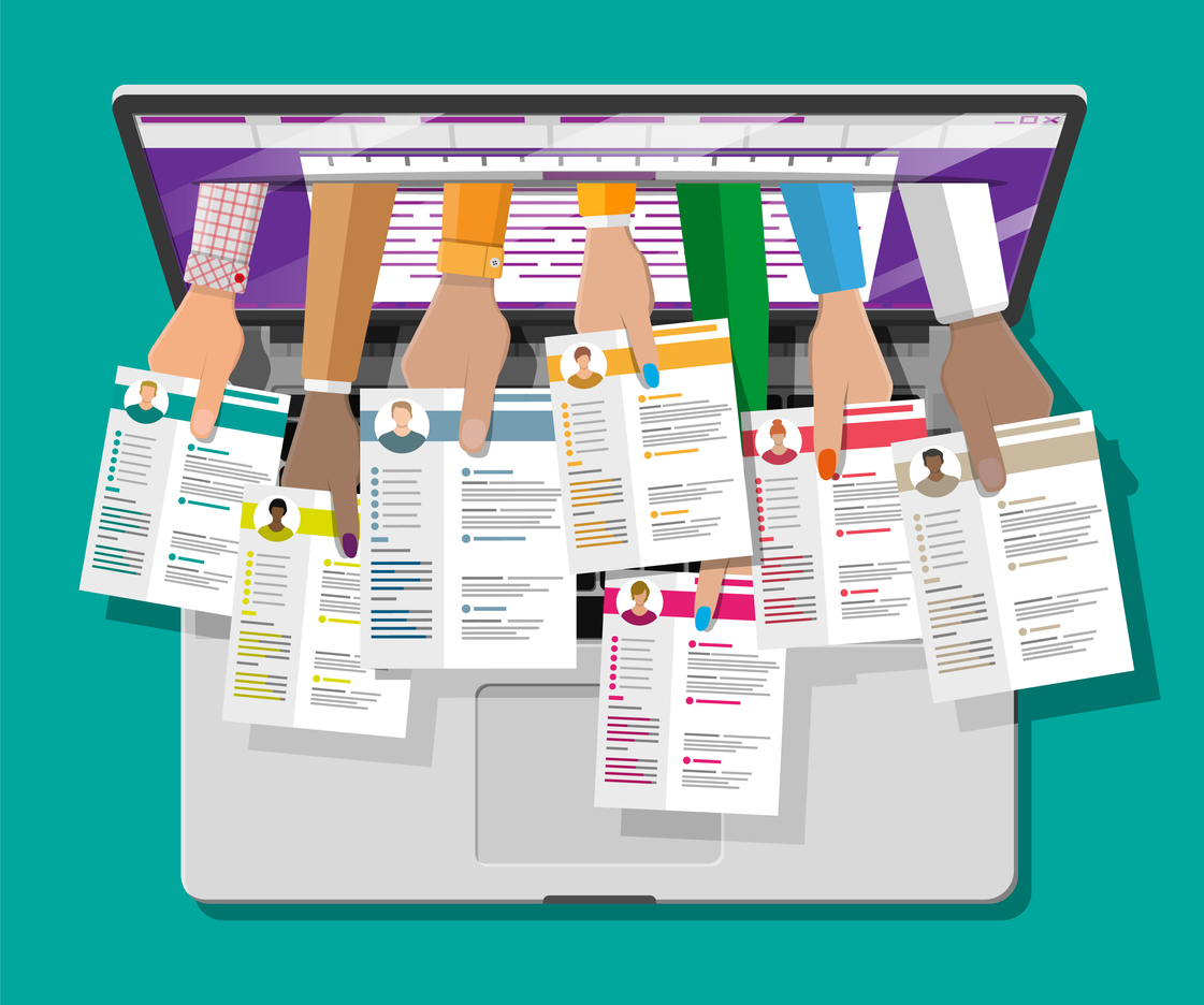 Illustration of hands coming out of a laptop screen, they are all holding CVs