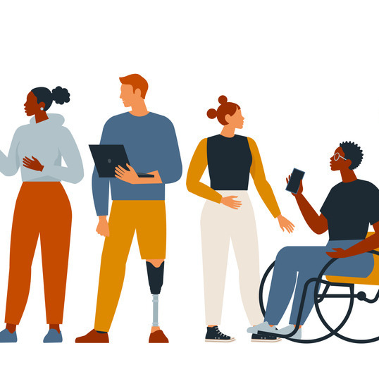 Illustration of four people, one is holding a phone and one is holding a laptop