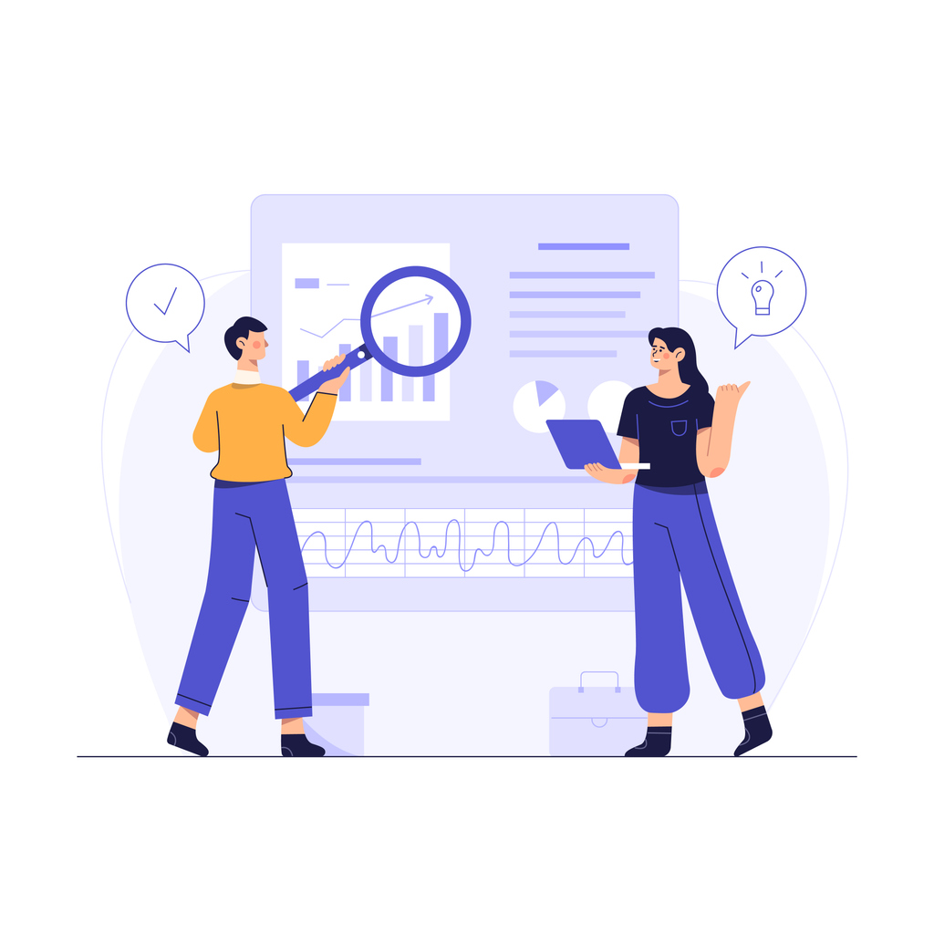 Illustration of two people with a report behind them, one of them is holding a magnifying glass