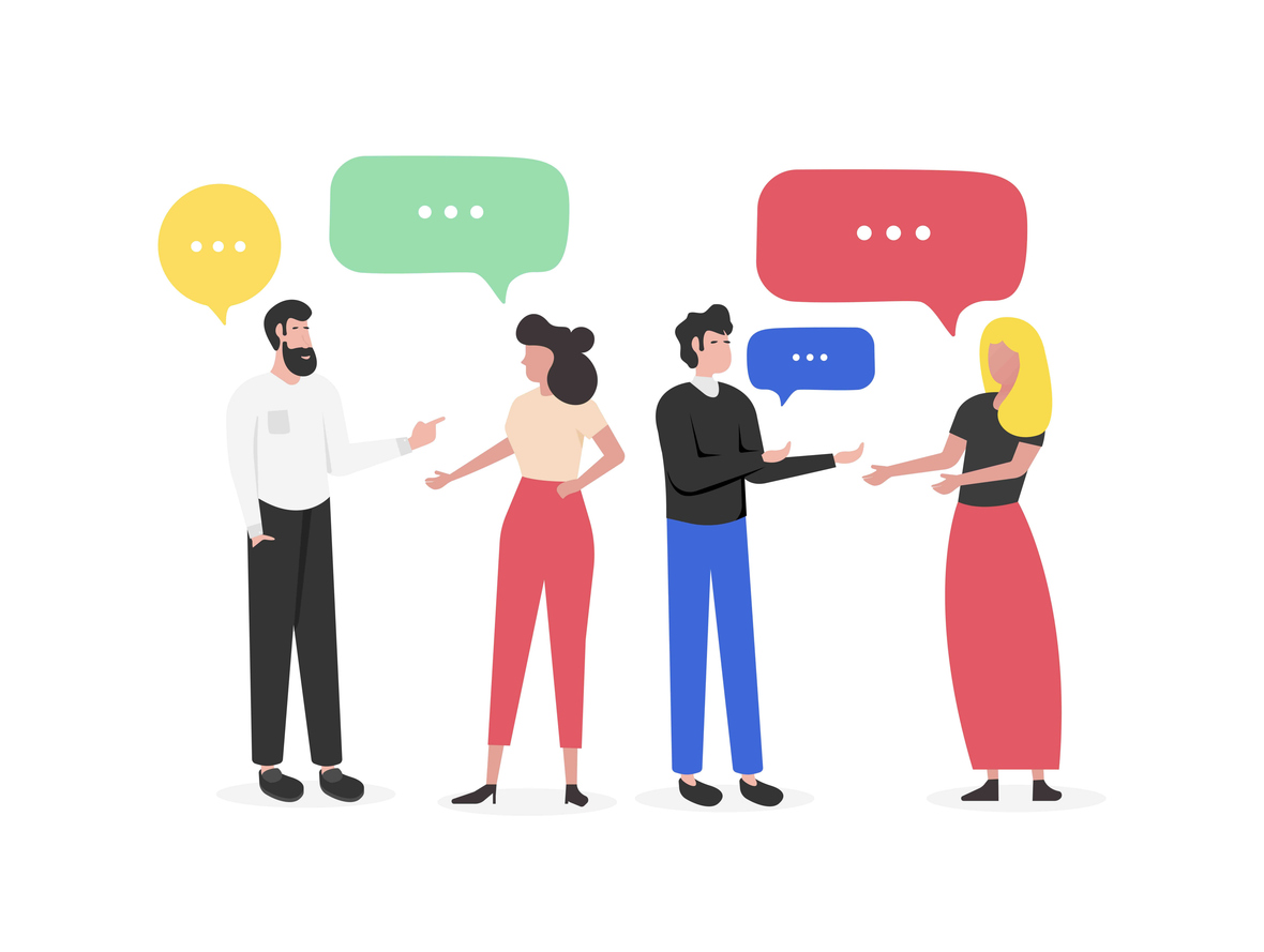 Illustration of four people with coloured speech bubbles appearing between them