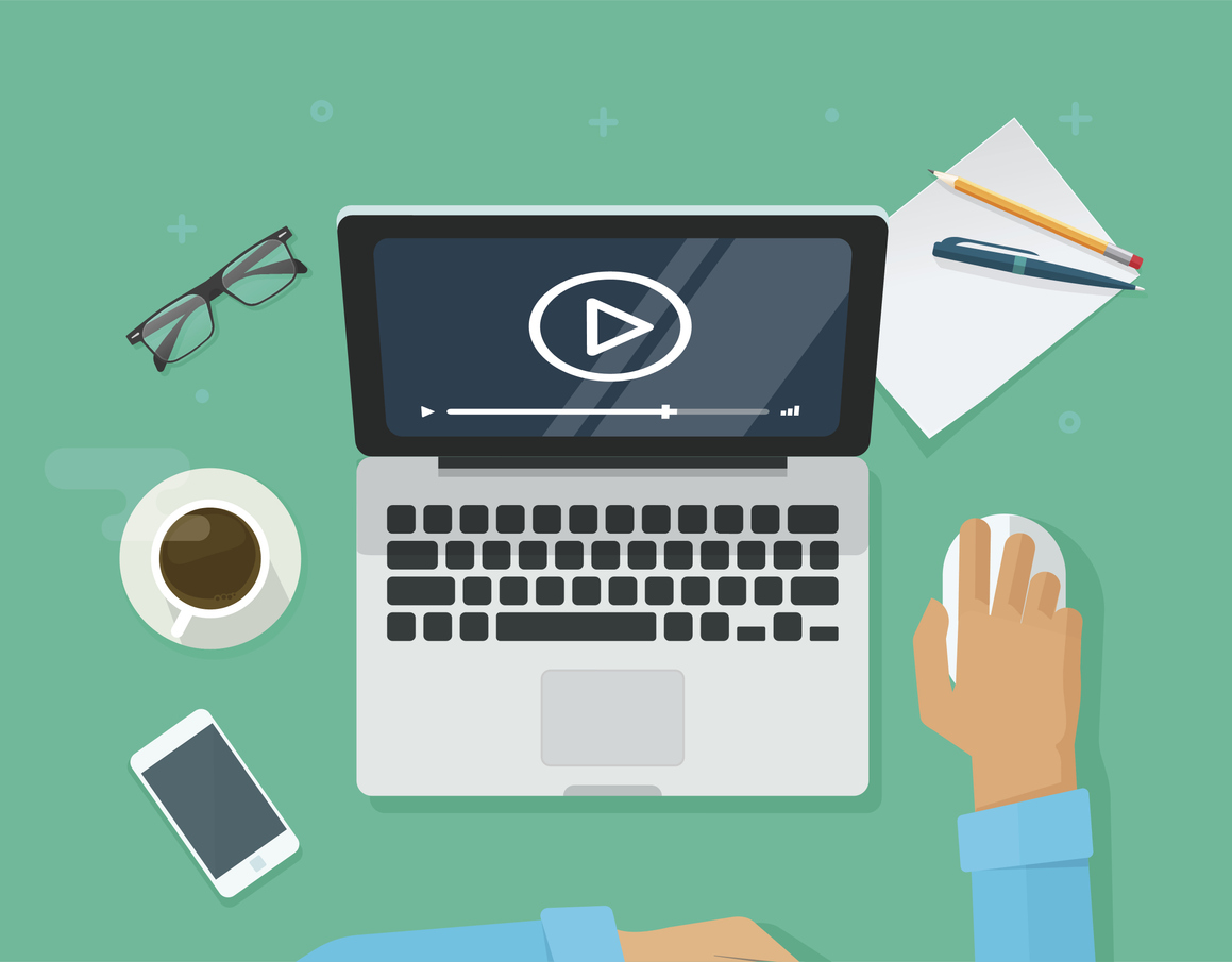 Illustration of someone using a laptop, the screen has a play symbol on it